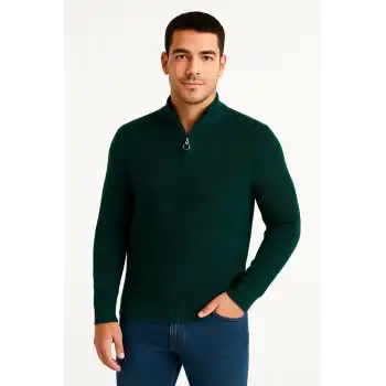Erkek Yarım Fermuarlı Triko Kazak – Selanik Örgü, Dik Yaka, Pamuklu Dokuma, Regular Fit Uzun Kollu Kışlık Model - Haki
