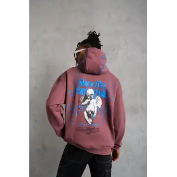 Erkek Yıldırım Baskılı Kapşonlu Sweat - Gül Kurusu