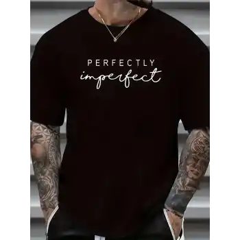erkekler için Ön Arka Baskılı PERFECTLY günlük Kısa Kol tişört - Siyah