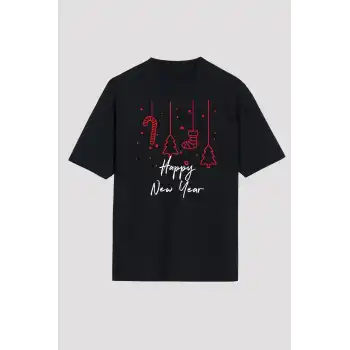 Happy New Year Baskılı T-shirt - Siyah
