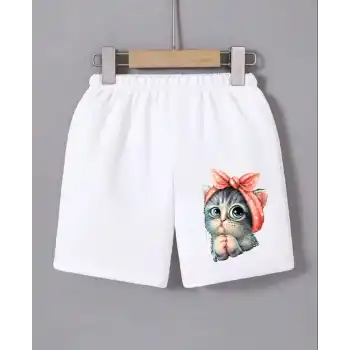 Kadın Beli Lastikli Baskılı Mini Şort - Beyaz