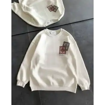 Kadın Bisiklet Yaka Baskılı SweatShirt - Beyaz