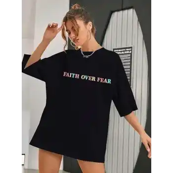 Kadın Bisiklet Yaka Baskılı T-shirt - Siyah