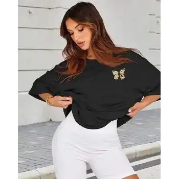 Kadın Bisiklet Yaka Baskılı T-shirt - Siyah