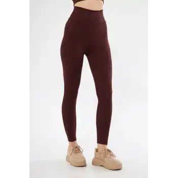Kadın Fitilli Full Likralı Yüksek Bel Toparlayıcı Tayt Günlük ve Spor Kullanım - Bordo