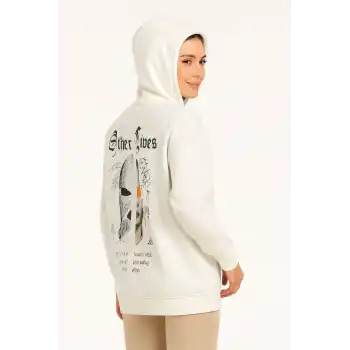 Kadın Kapşonlu Sweatshirt – Oversize Üç İplik Şardonlu Hoodie, “Other Lives” Ön & Arka Baskılı, Kanguru Cepli, Kışlık Rahat Günlük Stil - Beyaz