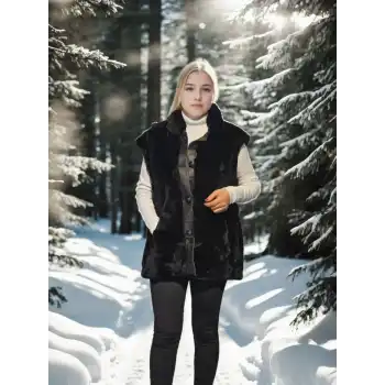 Kadın Kolsuz Hakiki Yelek - Siyah