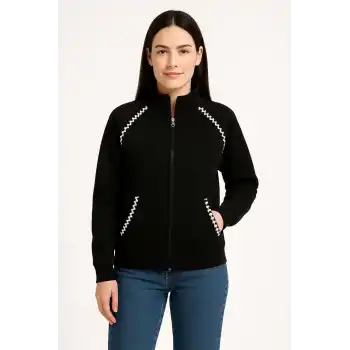 Kadın Oversize Dik Yaka Fermuarlı Sweatshirt - Zincir Nakışli Kanguru Cepli, - Siyah