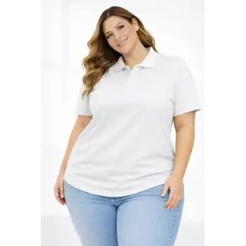 Kadın Pike Kumaş Düğmeli Yaka Battal Büyük Beden Günlük Kısa kol Tişört T-shirt - Beyaz