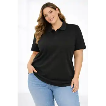 Kadın Pike Kumaş Düğmeli Yaka Battal Büyük Beden Günlük Kısa kol Tişört T-shirt - Siyah