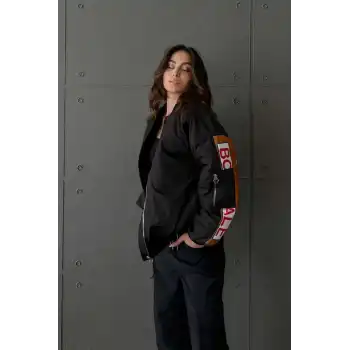 Kadın Sırt ve Kol Parça Baskılı Bomber Ceket - Siyah