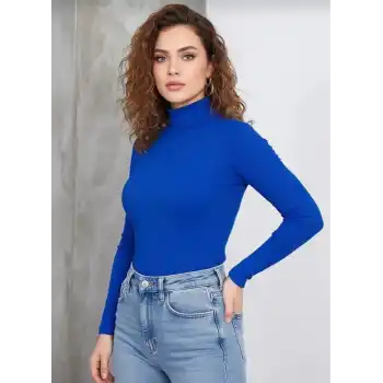 Kadın Tam Boğazlı Fitilli Likrali Kaşkorse Badi İnce Uzun Kollu Kazak - Saks Mavisi