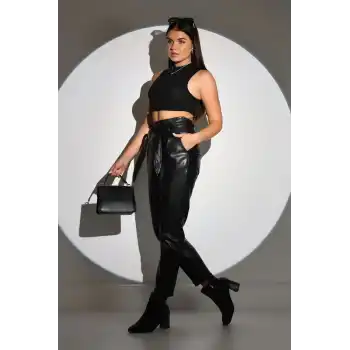 Kadın Tam Kalıp Süni Derİ Pantolon - Siyah