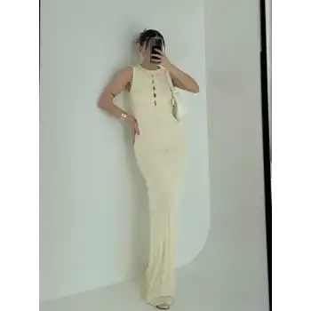 Kalın Fitilli Uzun Triko Elbise - Kırık Beyaz