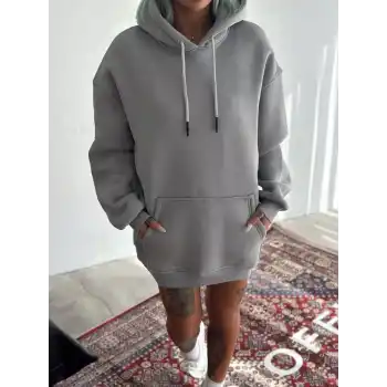 Kapüşonlu Üç İplik Penye Basic SweatShirt - Boyalı Gri