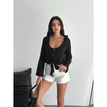 Keten Uzun Kol Bağacık Detaylı Bluz - Siyah