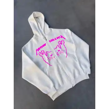 Kışlık Baskılı Fermuarlı Kapüşonlu Hırka - Beyaz