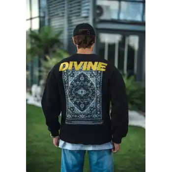 Kışlık Bisiklet Yaka Baskılı SweatShirt - Siyah