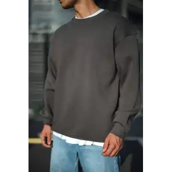 Kışlık Bisiklet Yaka Üç İplik Basic SweatShirt - Antrasit