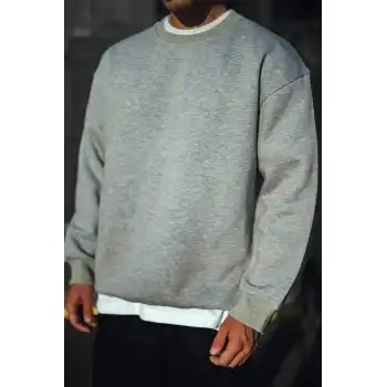 Kışlık Bisiklet Yaka Üç İplik Basic SweatShirt - Gri