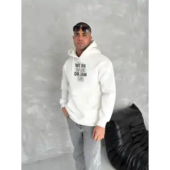 Kışlık Üç İplik Kapüşonlu SweatShirt - Beyaz