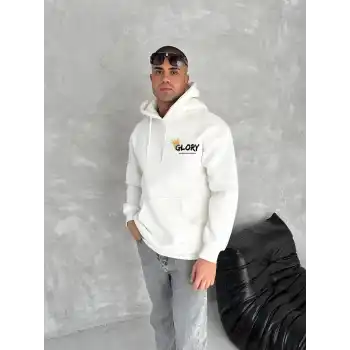 Kışlık Üç İplik Kapüşonlu SweatShirt - Beyaz