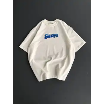 Ön ve Arka Baskılı Oversize Bisiklet Yaka T-shirt- Beyaz