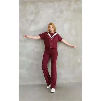 Osy Modal Yumuşak dokulu Kumaş Bisiklet Yaka Parçalı detaylı Kısa Kollu Takım - Bordo