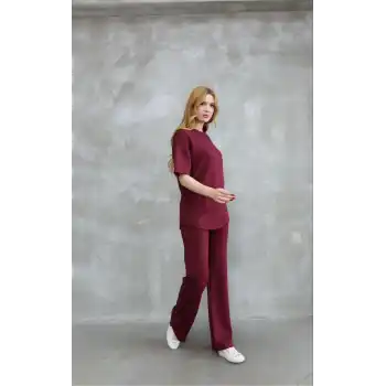 Osy Modal Yumuşak dokulu Kumaş Bisiklet Yaka Taş detaylı Kısa Kollu Takım - Bordo