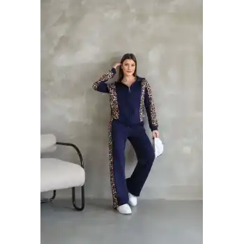 Osy Modal Yumuşak Dokulu Kumaş Kapüşonlu Leopar Desenli Fermuarlı Takım - Lacivert