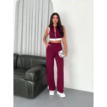 Osy Modal Yumuşak Dokulu Kumaş Tam Fermuarlı Crop Pantalon İkili Takım - Bordo