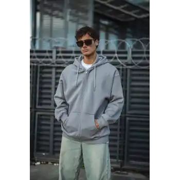 Oversize Tam Fermuarlı Uzun Kol Hırka - Gri