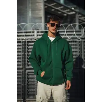 Oversize Tam Fermuarlı Uzun Kol Hırka - Haki