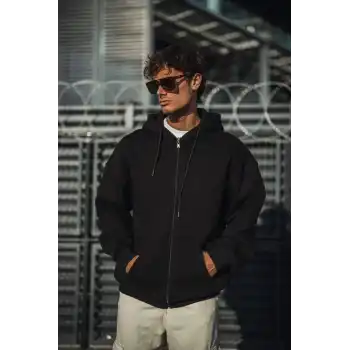 Oversize Tam Fermuarlı Uzun Kol Hırka - Siyah