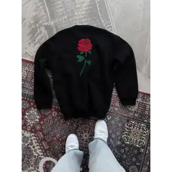 Oversize Üç İplik Bisiklet Yaka Baskılı SweatShirt - Siyah