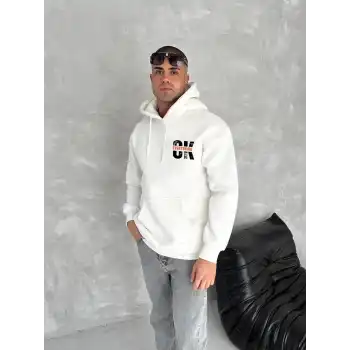 Oversize Üç İplik Kapüşonlu SweatShirt - Beyaz