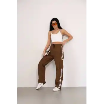 Praşut Kumaş Kargo Çeplı Baggy Esofman - Kahve