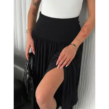 Sandy Uzun Beli Lastikli Yüksel Bel Etek Yazlık - Siyah