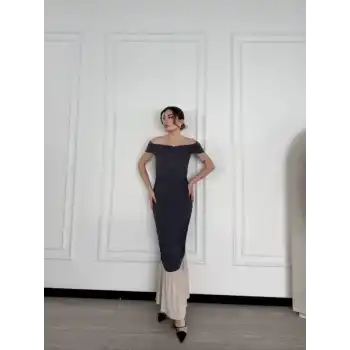 Striptiz Omuzlu Uzun Elbise- Füme