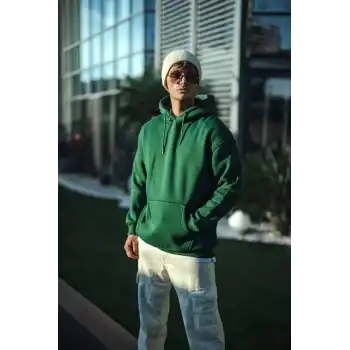 Üç İplik Penye Kapşonlu Basic SweatShirt - Haki