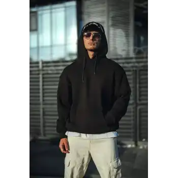Üç İplik Penye Kapşonlu Basic SweatShirt - Siyah