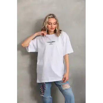 Unisex Baskılı Oversize T-Shirt - Beyaz