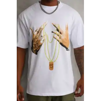 Unisex Baskılı Oversize T-Shirt - Beyaz