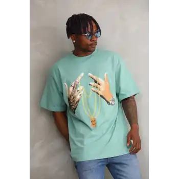 Unisex Baskılı Oversize T-Shirt - Mint Yeşili