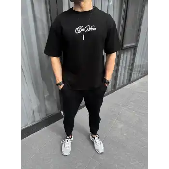 Unisex Baskılı Oversize T-Shirt - Siyah
