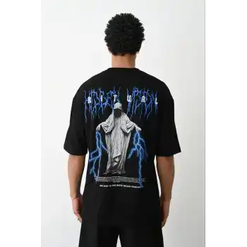 Unisex Baskılı Oversize T-Shirt - Siyah