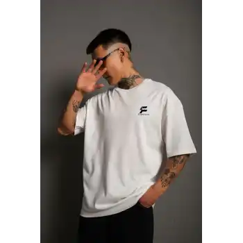 Unisex Bisiklet Yaka Baskılı Oversize T-Shirt - Beyaz