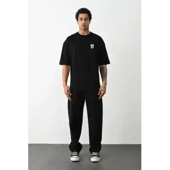 Unisex Bisiklet Yaka Baskılı Oversize T-Shirt - Siyah