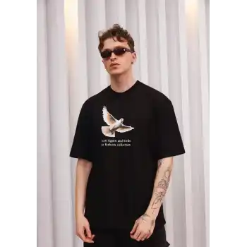 Unisex Bisiklet Yaka Baskılı Oversize T-Shirt - Siyah