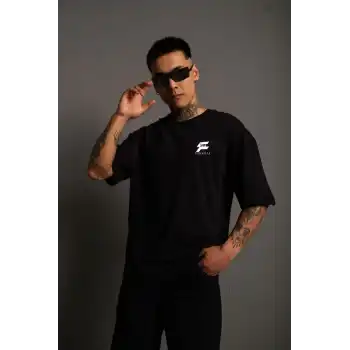 Unisex Bisiklet Yaka Baskılı Oversize T-Shirt - Siyah